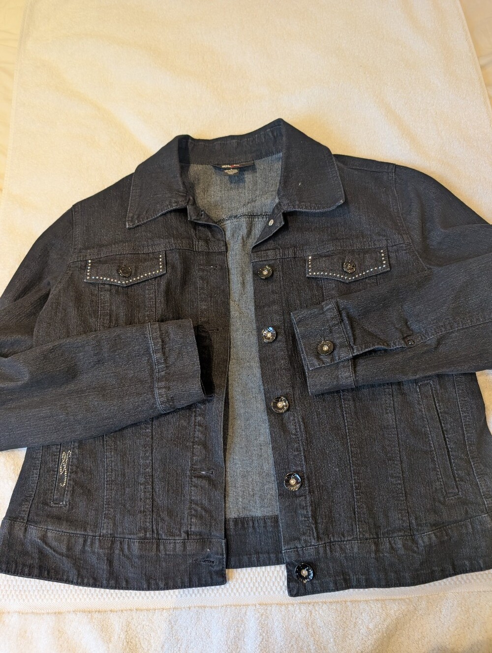 Style & Co Black Denim Jacket Women Large Studded Rhinestone Y2K Dark Wash